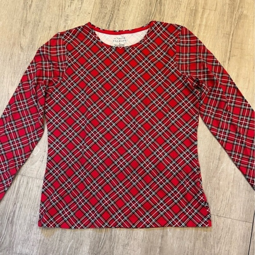 Talbots Tee Long Sleeve Medium Christmas Plaid NWOT - Picture 2 of 9